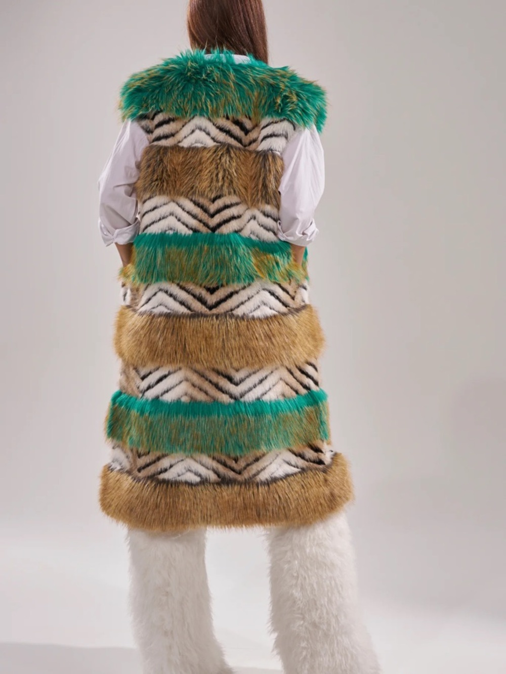 AKIRA Multi-Color Faux Fur Long Vest with Teal Accents - Picture 3 of 7